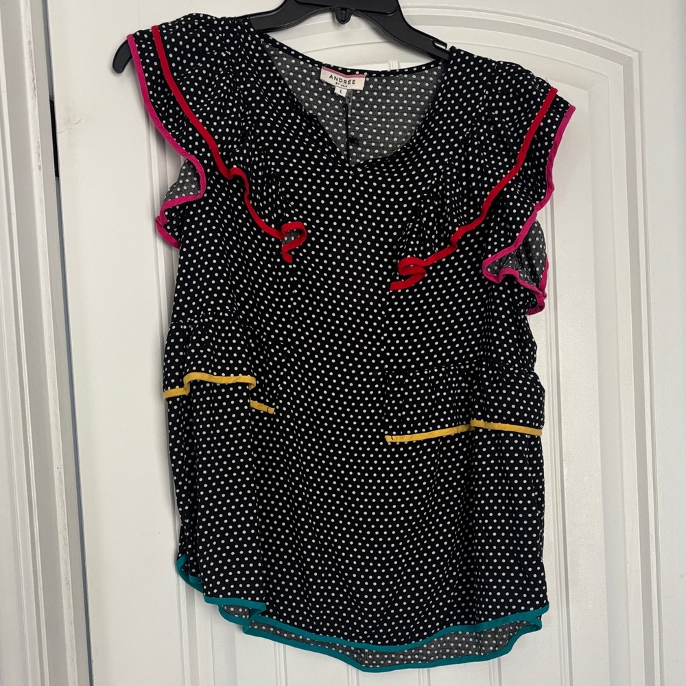 ANDREE BY UNIT Black Polka Dot Blouse with Colorful Trim